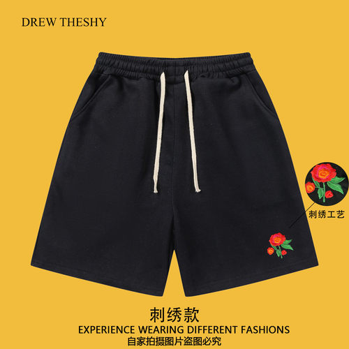 DRED潮牌刺绣玫瑰男五分短裤