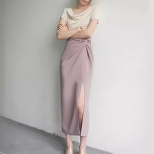 JOJOZ 雾霾紫交叉设计高腰侧开衩过膝小众半身裙chic气质时髦下装