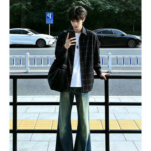 美式复古灯芯绒格子长袖衬衫男