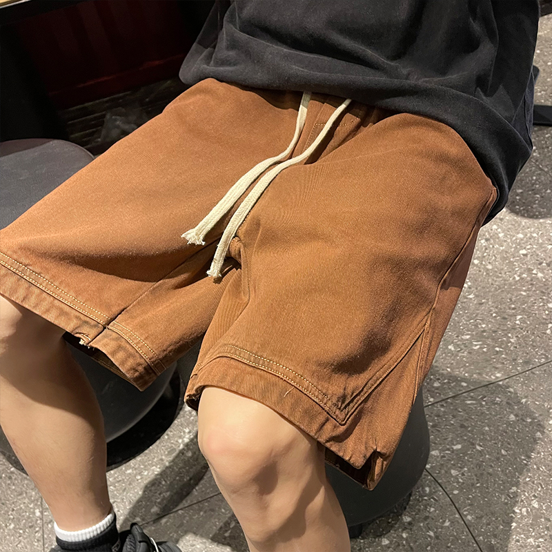 美式复古棕色牛仔短裤男夏季vibe国潮高街裤子oversize潮牌五分裤