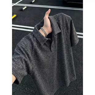 深灰色老钱风针织polo衫短袖男款夏季高级感翻领t恤cleanfit半袖
