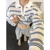 长袖 t恤男生夏季 轻薄透气冰丝防晒罩衫 V领条纹Polo衫 薄款 针织上衣