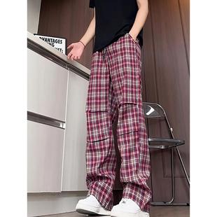 红色格子裤男夏季薄款褶皱设计感撞色休闲裤美式复古宽松显瘦长裤