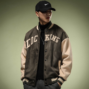 麂皮绒棒球服男士春秋新款飞行员美式外套宽松上衣加绒加厚夹克潮