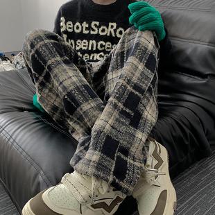 格子毛呢羊羔绒休闲裤男秋冬季美式复古宽松直筒呢料加绒休闲裤子