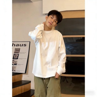 美式白色长袖t恤男青少年春秋季纯棉圆领卫衣oversize内搭打底衫