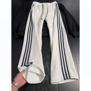 白灰色三条杠加绒加厚休闲卫裤男冬季青少年运动弯刀裤宽松直筒裤