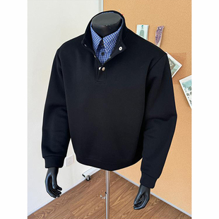 格子拼接假两件立领正肩polo衫 美式 秋季 黑色短宽boxy廓形卫衣男款