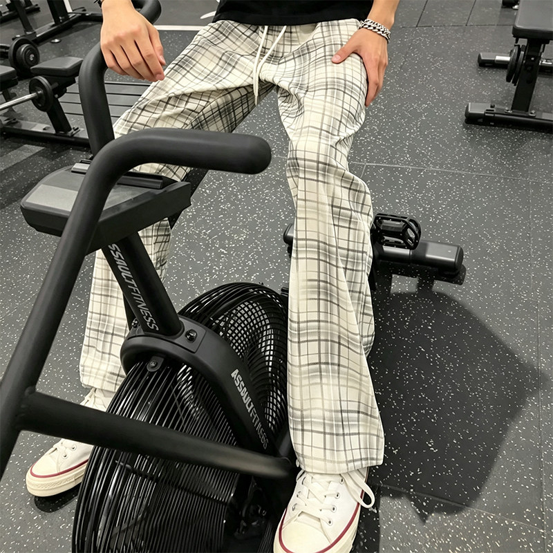 美式白色格子裤男秋季男款松弛感直筒复古格纹裤子休闲裤运动长裤
