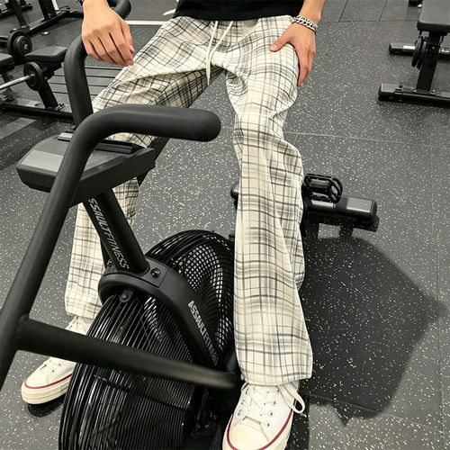 美式白色格纹直筒男休闲裤