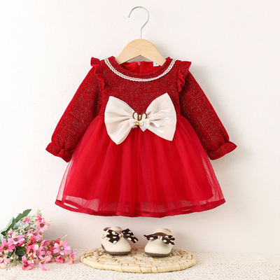 1644 童装批发秋冬季女童加厚加绒网纱拼接连衣裙 公主裙子代销