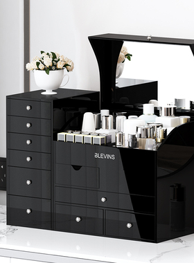梳妆台抽屉式化妆品收纳盒桌面高级感大容量带镜子首饰一体置物架