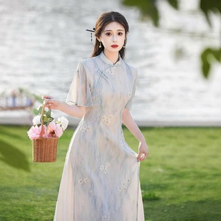 清新淡雅奥黛旗袍2026新款夏季淡蓝色改良年轻款女新中式连衣裙女