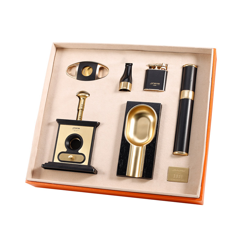 JIFENG季风六件套黑金纯铜送礼打火机雪茄剪烟灰缸雪茄管雪茄套装