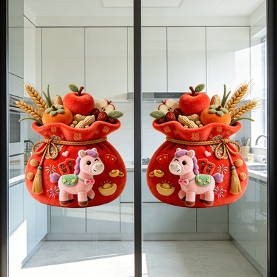 2026马年招财福袋静电贴春节过年推拉玻璃门贴纸5d绒感窗花厨房门