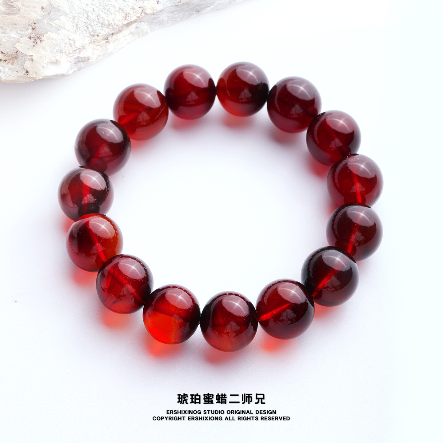 珍藏级天然无优化原矿无烤色缅甸血珀圆珠手串14mm