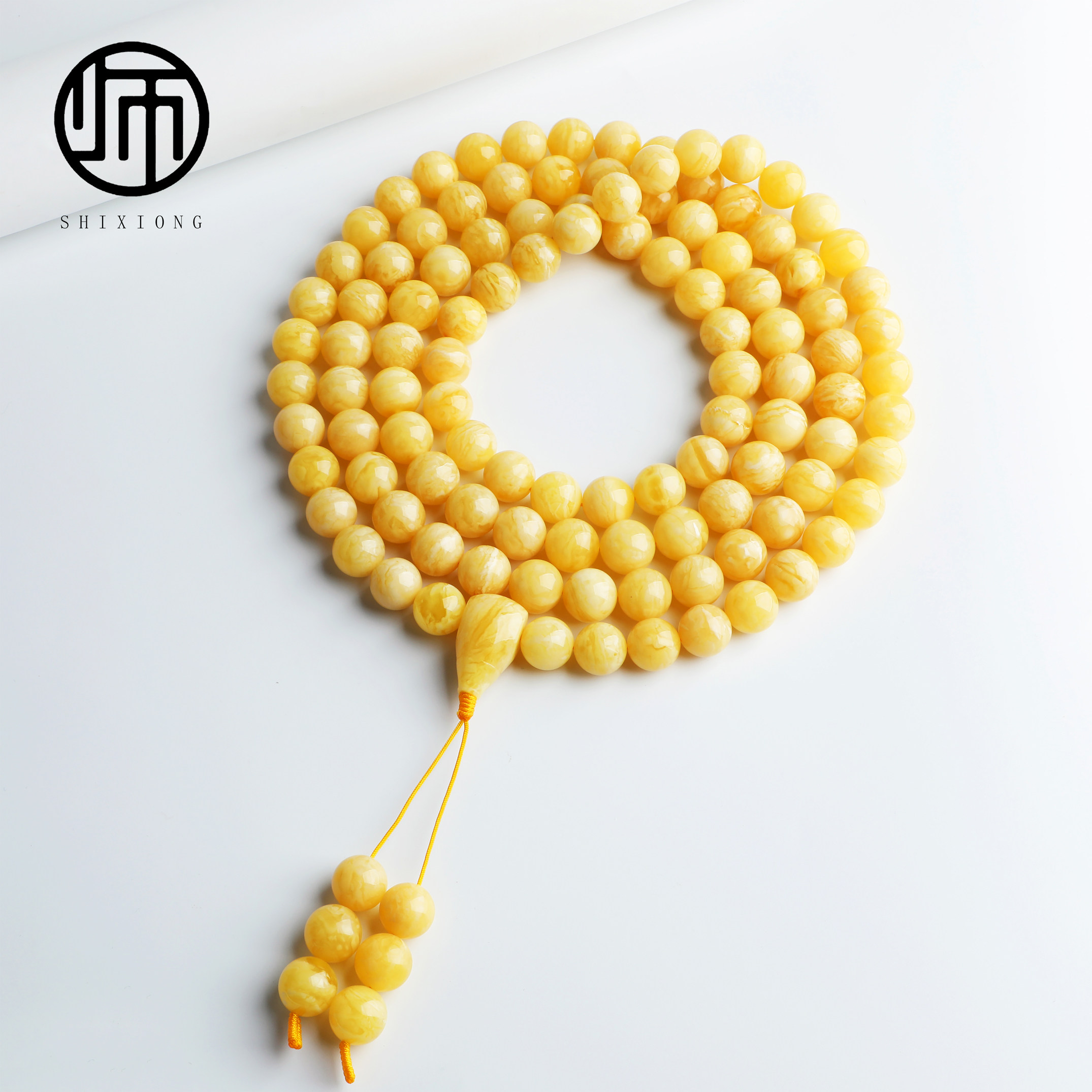 收藏级天然无优化原矿俄罗斯km国矿一级料鸡油黄蜜蜡108佛珠15mm