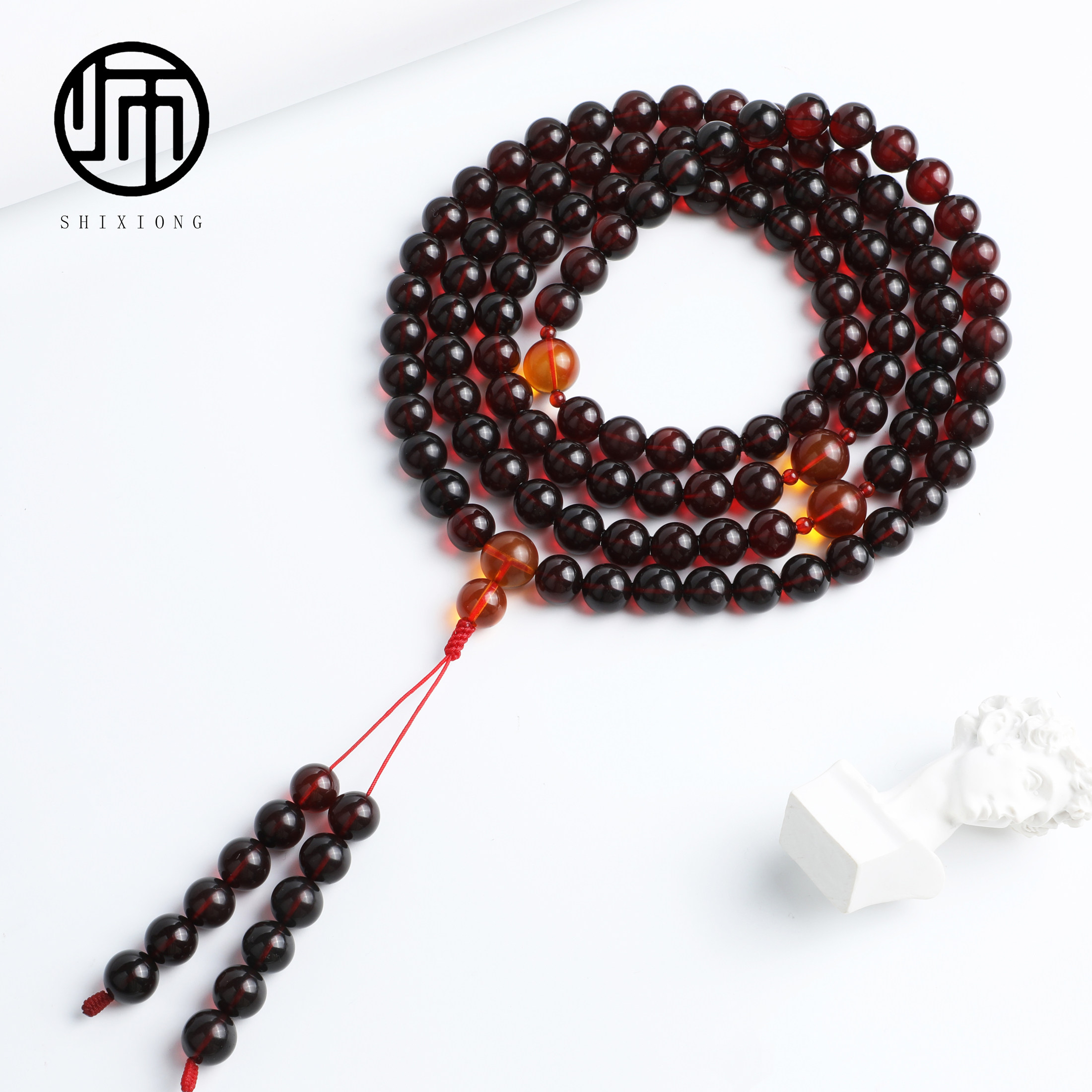 孤品天然无优化缅甸真品血珀深色酒红玻璃底净水108佛珠10mm