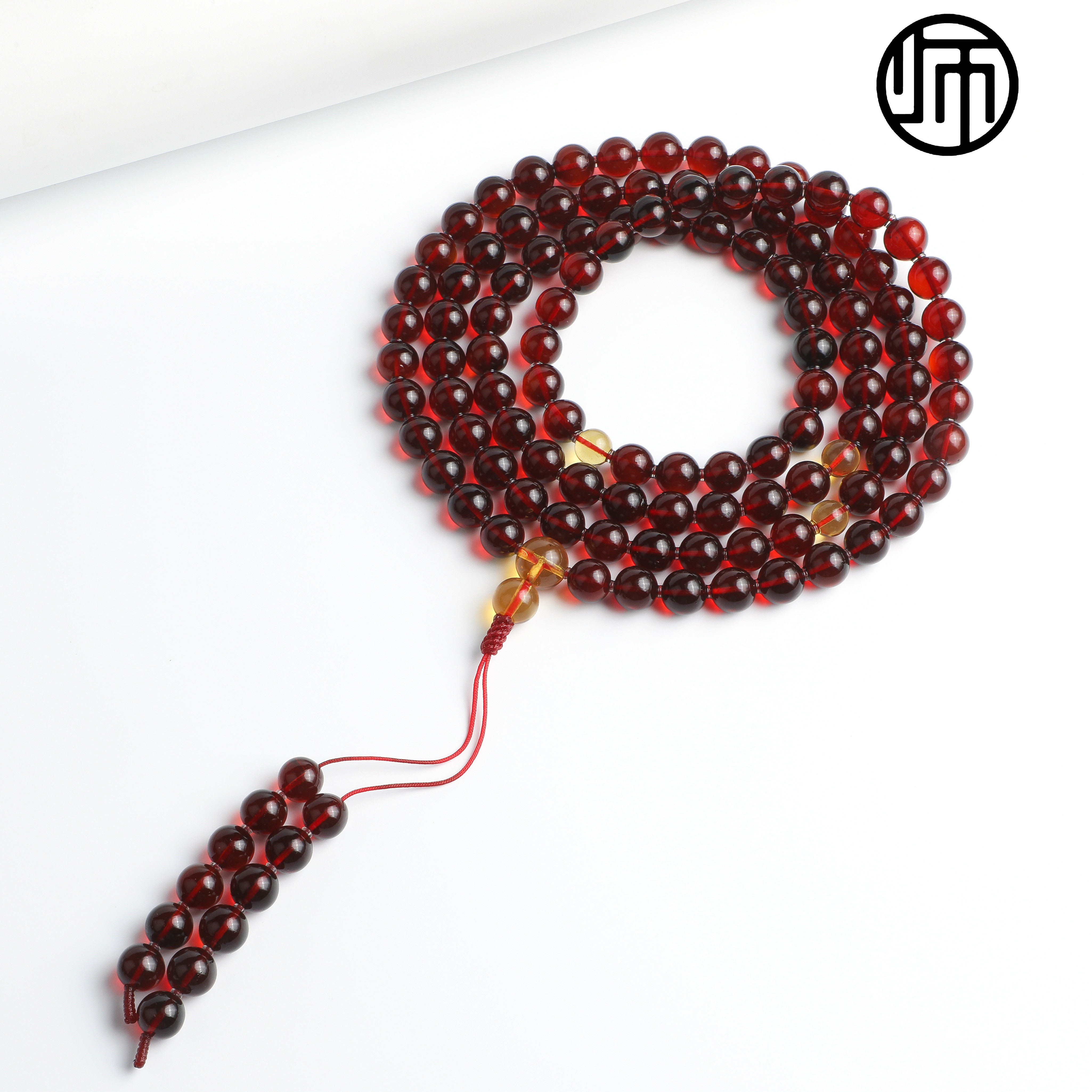 珍藏版天然无优化缅甸真品血珀酒红玻璃底净水108佛珠8MM