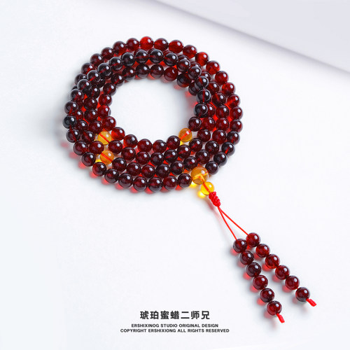 收藏级天然无优化无烤色血珀真品108佛珠7mm