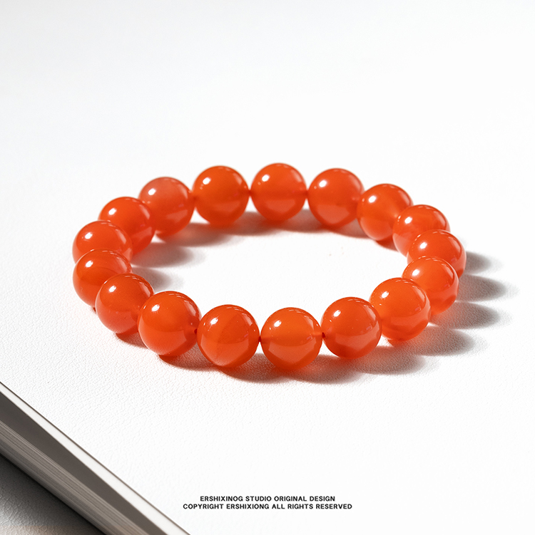 孤品收藏·保山滴水洞同料无纹纯色樱桃红南红圆珠手串12mm