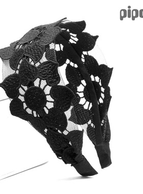 黑色镂空蕾丝宽边发箍双层花朵