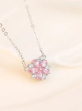 项链粉色森系时尚甜美短款小樱花水晶锁骨链吊坠镶钻女款颈饰韩国