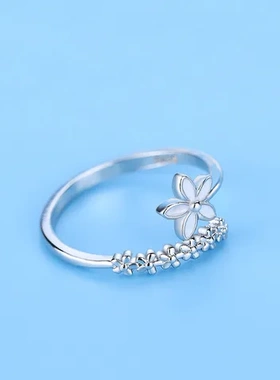 戒指银饰品滴釉白色小花森系时尚小清新开口韩版食指戒女花朵