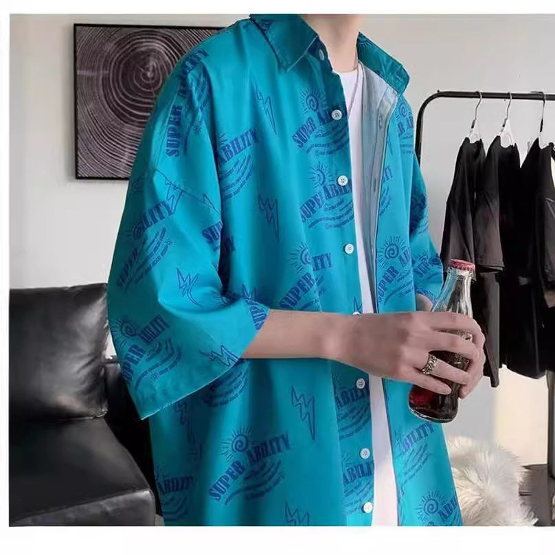 短袖衬衫男春秋薄款宽松休闲百搭韩版潮流青年帅气印花衬衣外套