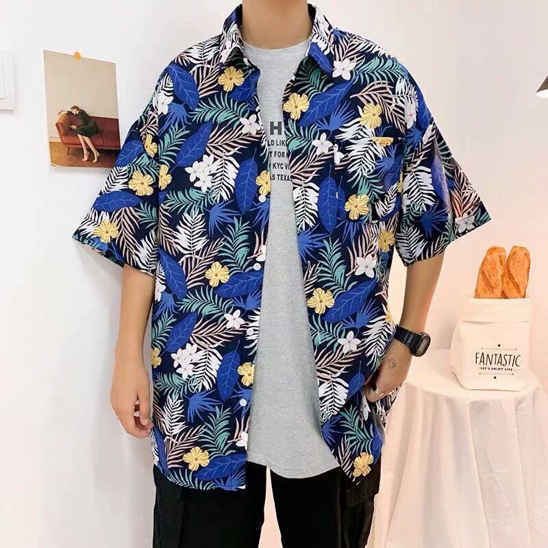 夏季港风宽松男士夏威夷花衬衫