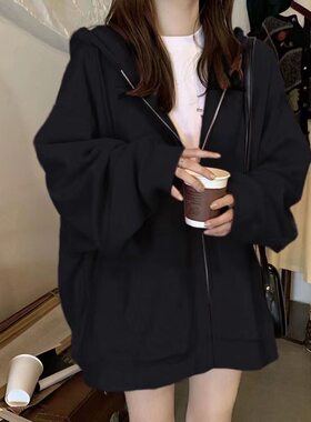 韩版秋冬拉链开衫宽松大码卫衣女