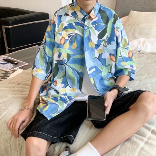夏威夷复古油画男短袖衬衫