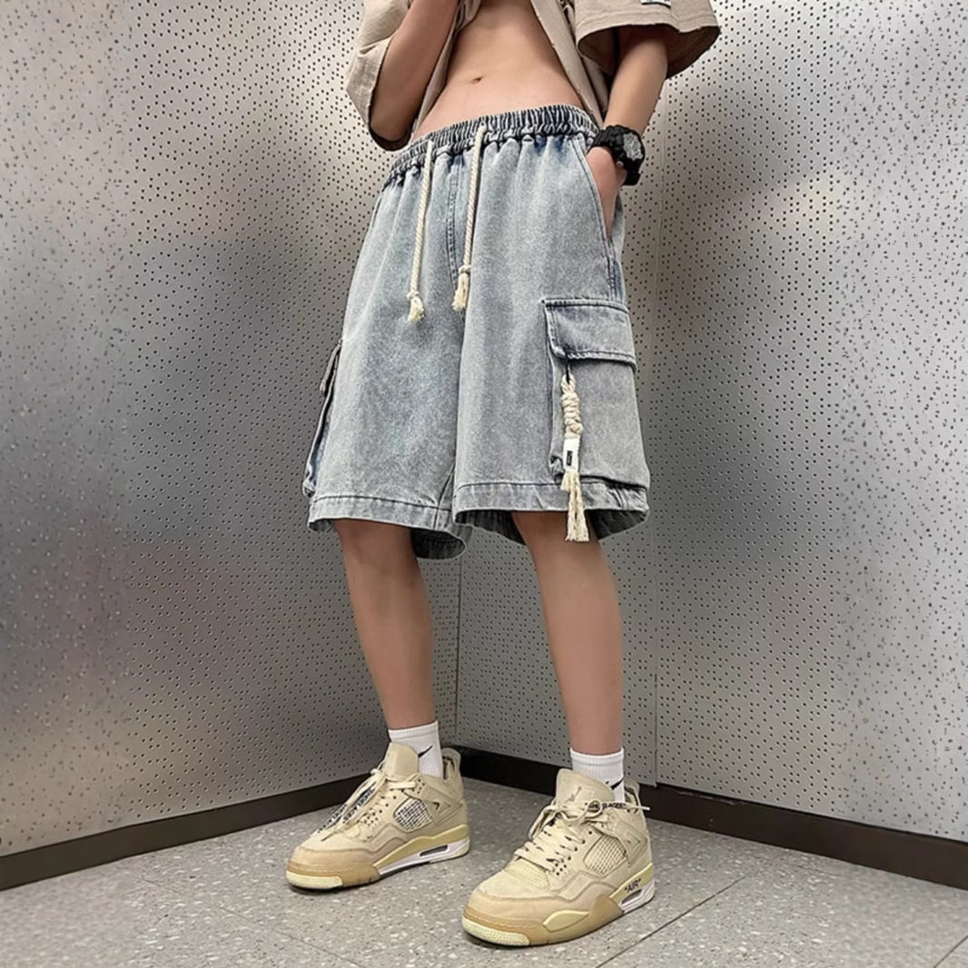 蓝色工装牛仔短裤男款夏季美式复古休闲中裤酷帅潮牌阔腿五分裤子