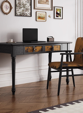楼岚复古风实木黑色书桌家用现代中古办公桌创意书房电脑桌写字台
