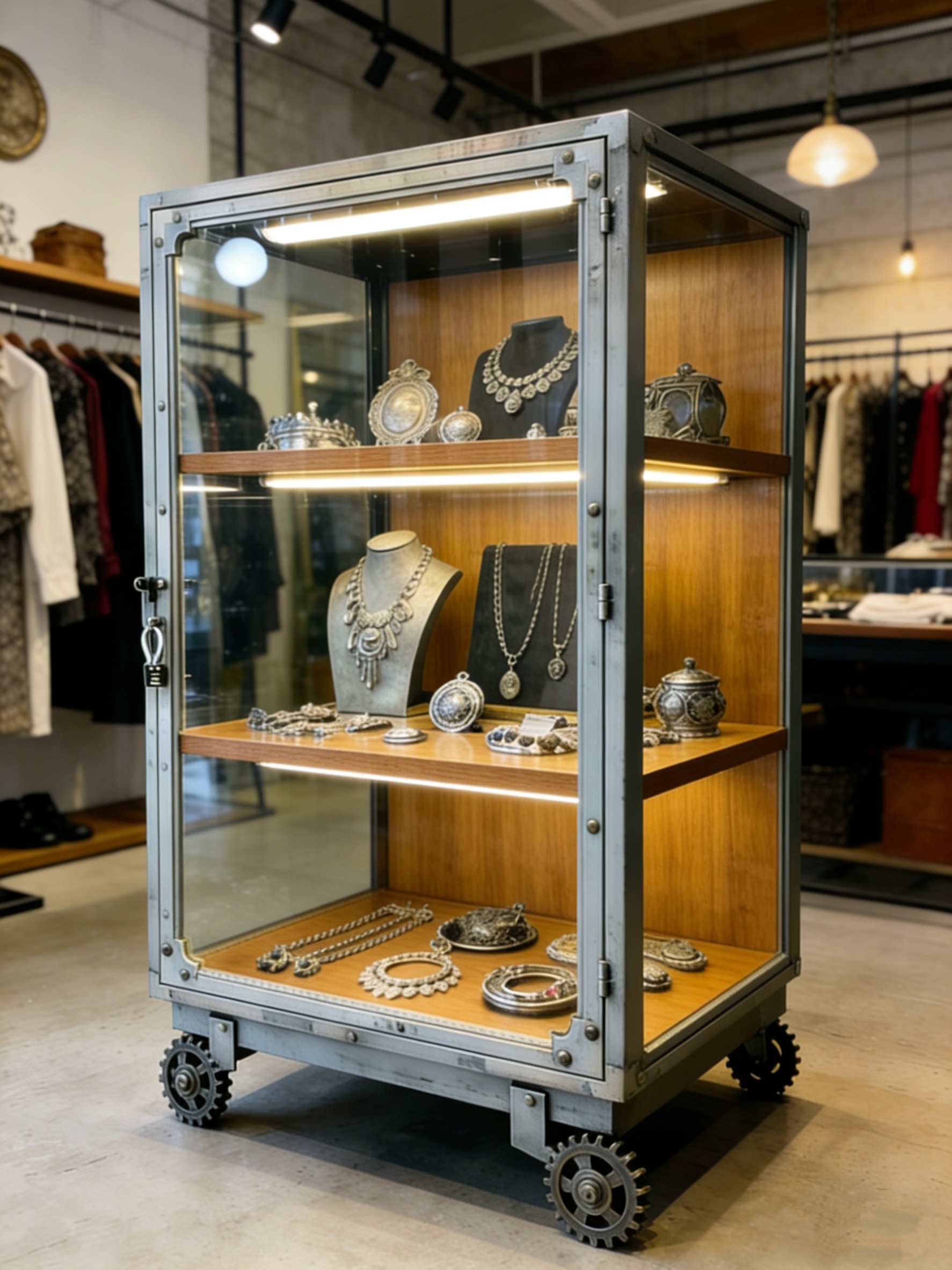 工业风铁艺展示柜台带轮玻璃陈列柜珠宝首饰服装店饰品手办展示架