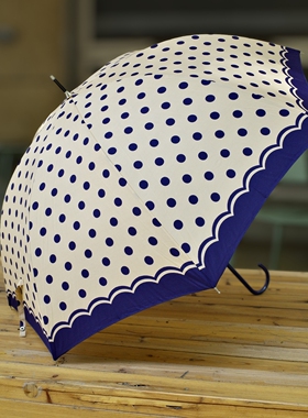 日单蓝色波点淑女摩登时尚风格皮革伞柄优雅长柄女夏天防晒晴雨伞