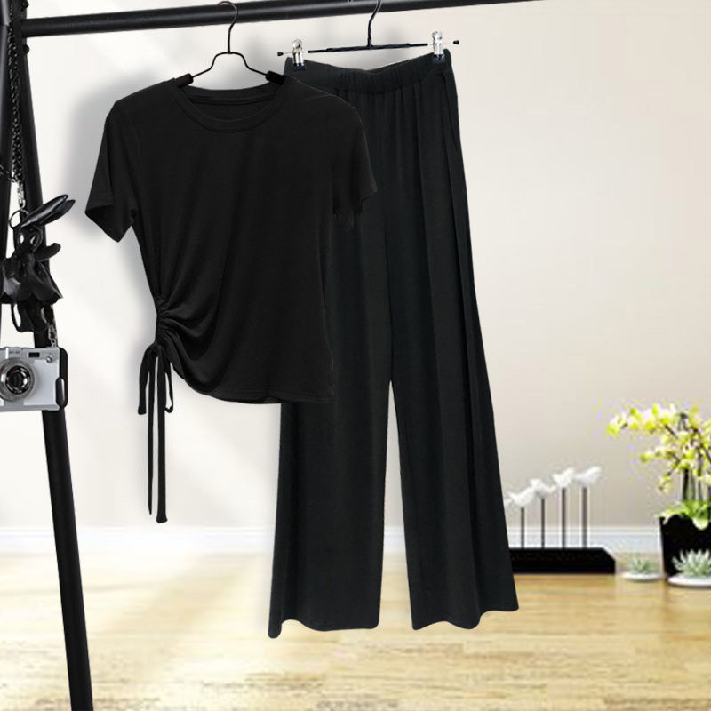 休闲套装女2025夏季轻熟风时尚大码宽松胖mm圆领短袖阔腿裤两件套