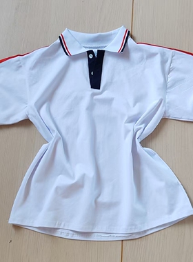夏季款白色校服短袖上衣肩上大红藏蓝2条男女通用T恤班服POLO衫