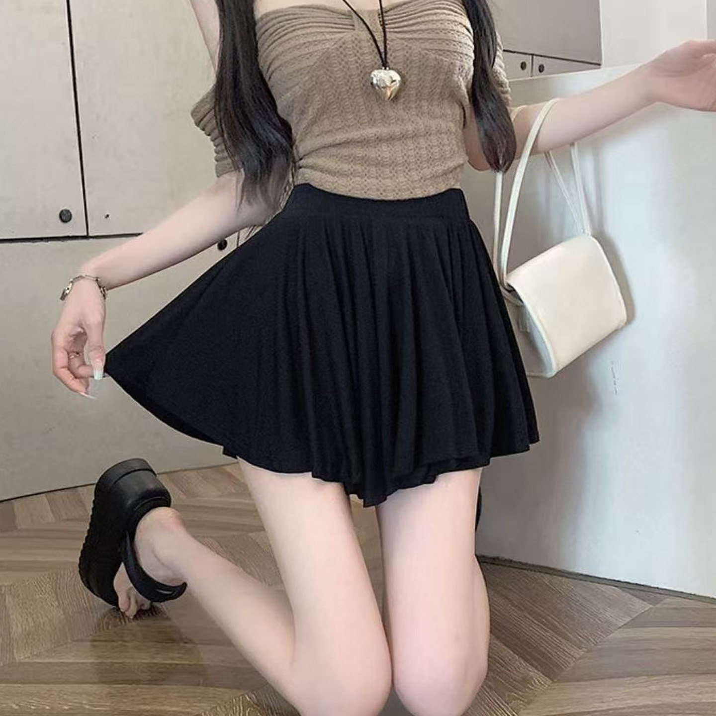 芭蕾风纯色高腰百褶半身裙女士短裙A字裙防走光小个子蓬蓬裙伞裙
