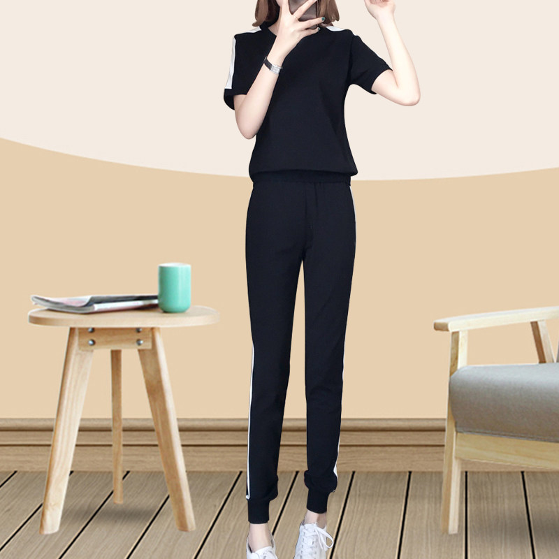 2025春夏新款运动套装女休闲显瘦卫衣短袖长裤两件套大码宽松圆领