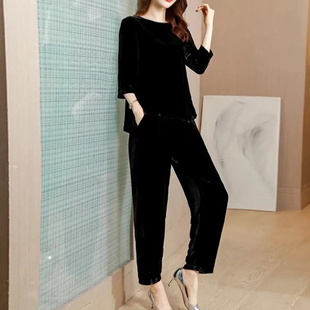 2025春装新款金丝绒时尚套装两件套大码妈妈装宽松七分袖哈伦裤