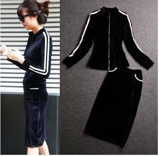 2025春装新品金丝绒立领拉链外套两件套装女半身裙运动休闲洋气