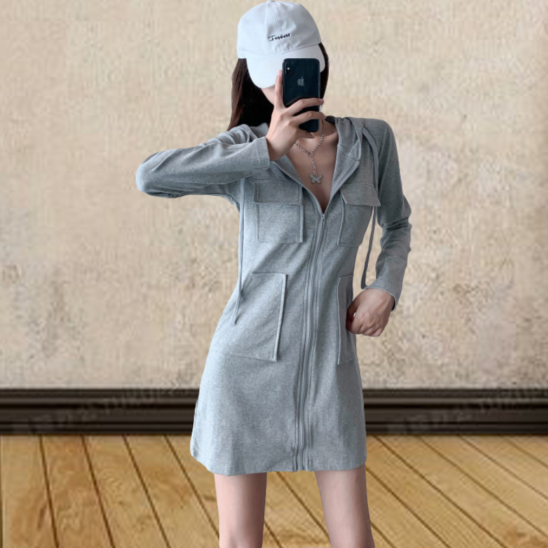 2025春季新款黑色卫衣连衣裙女小个子长袖显瘦气质大口袋中长款裙
