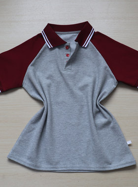 夏浅灰短袖酒红插肩袖棉质POLO衫运动休闲学生校服男女通用可定制