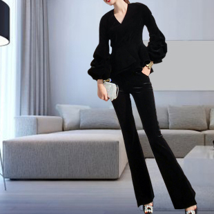 新品 女大码 灯笼袖 金丝绒休闲套装 气质两件套 收腰微喇叭裤 2025春装