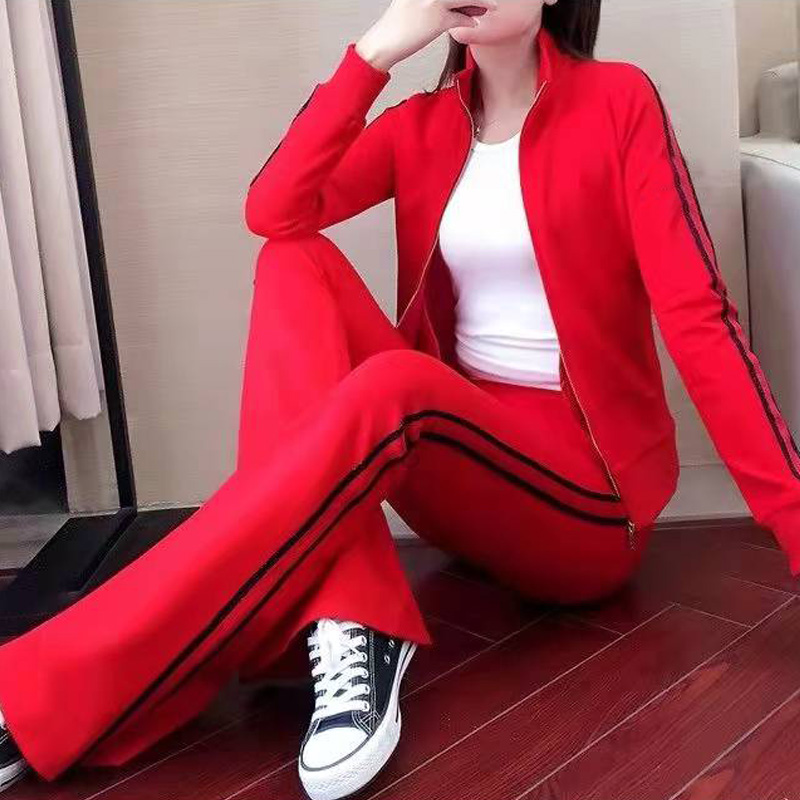 2025年春节新品红色运动套装本命年两道杠大码休闲卫衣微喇裤纯棉