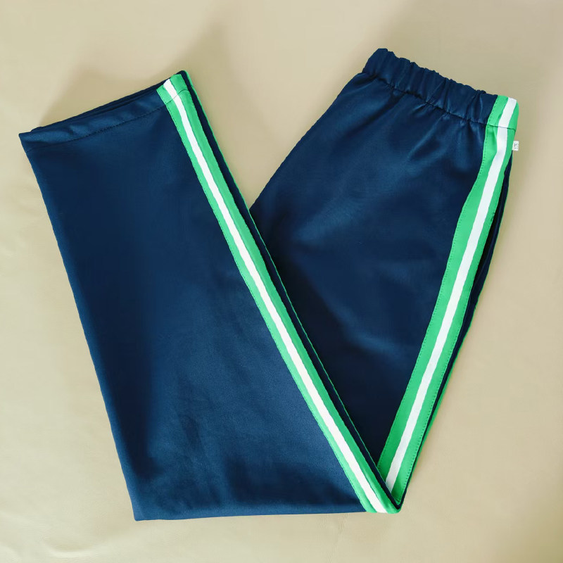 冬季加绒加厚中学生校服裤子藏蓝色拼草绿宽杠中间压白条直筒长裤