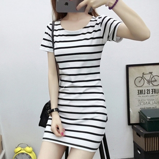 黑白条纹短袖连衣裙夏宽松透气睡裙通勤外穿遮肚中长款T恤莫代尔