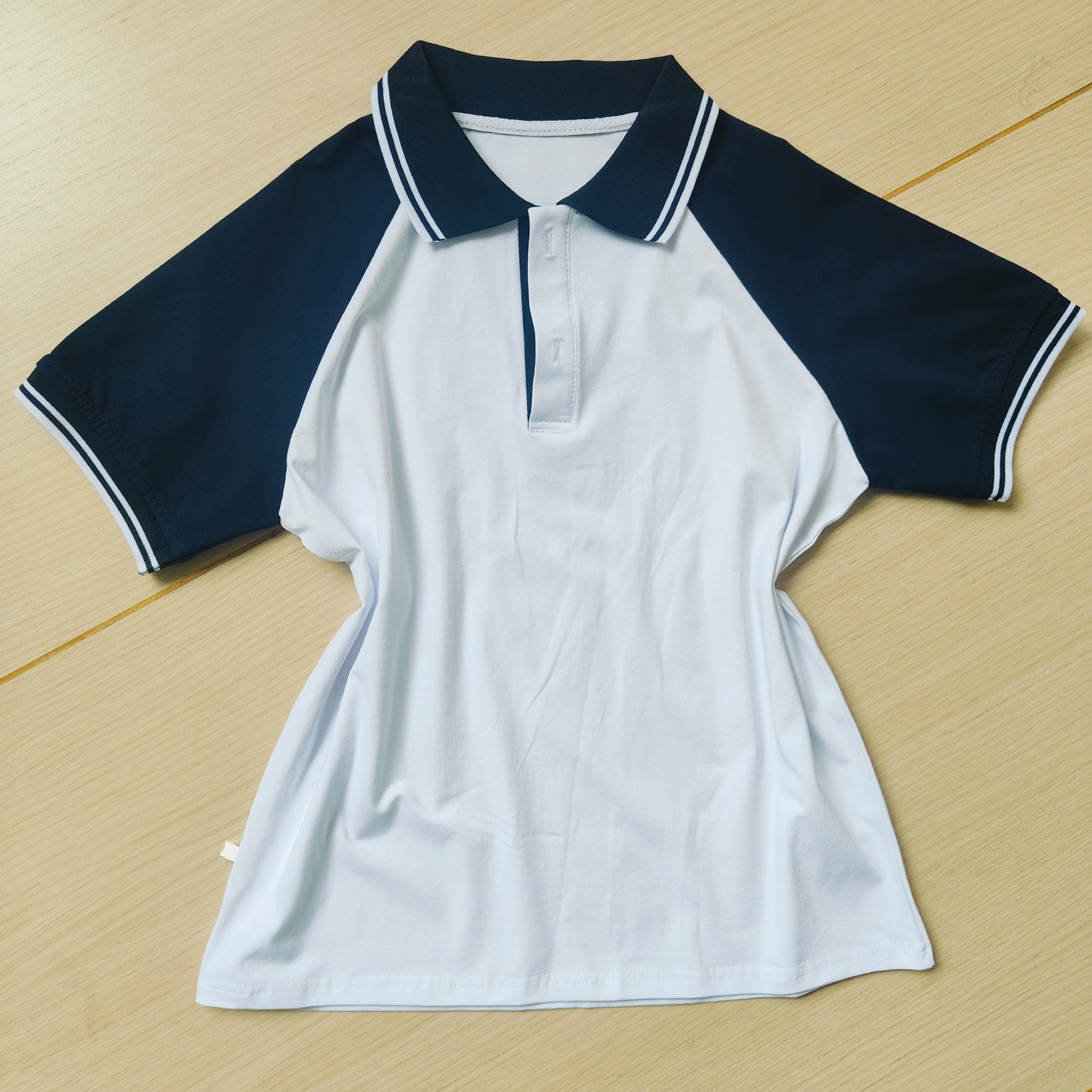 白色校服短袖藏蓝插肩袖藏蓝领袖口两白条男女通用班服T恤POLO杉