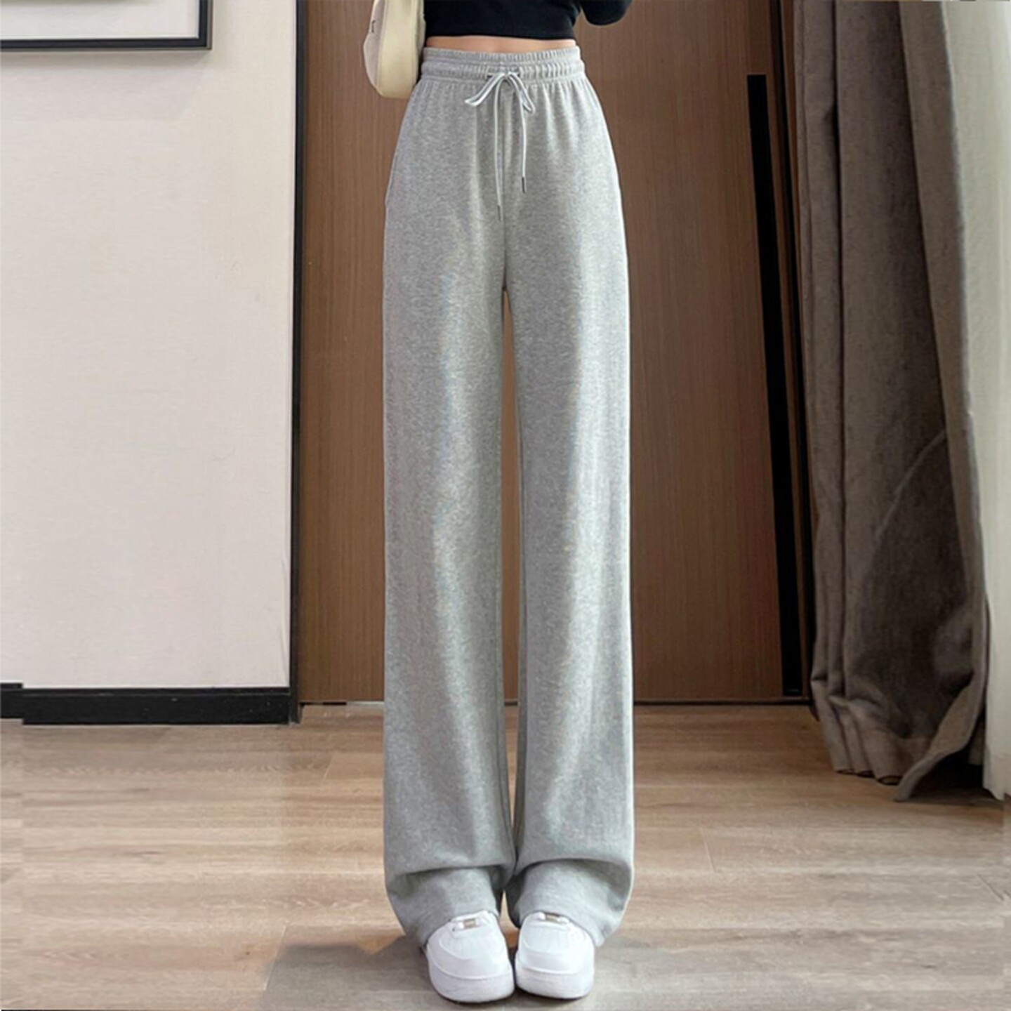 春秋新款高腰抽绳休闲运动裤显瘦小个子外穿垂感拖地裤窄版阔腿裤
